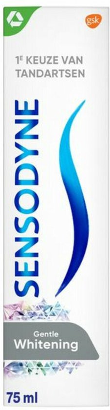 Sensodyne Gentle Whitening tandpasta 75ml, wit met blauwe golven en "1e Keuze van Tandartsen".