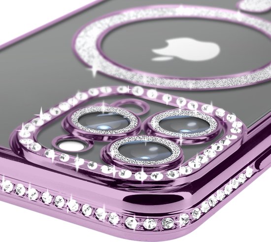 Avizar Diamond hoesje Geschikt voor Apple iPhone 12 Pro Max bescherming MagSafe Omtrek Strass, Paars