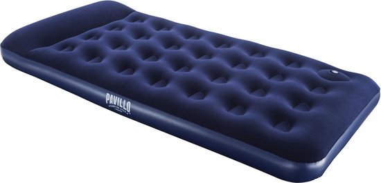 Donkerblauw Pavillo luchtbed met golvend slaapoppervlak en logo.