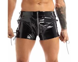 Korte porno broek mannen - Latex wetlook - Open pijpen met touw - Open kruis functie - Short
