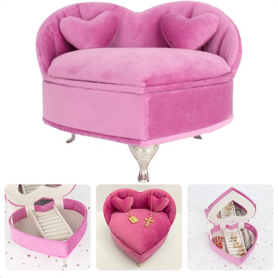 Cheqo® Sieradendoos Hartvorm - Hartje - Juwelendoos - Roze Velours - Met Ringvak
