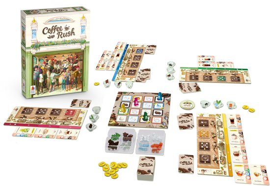Het bordspel Coffee Rush, uitgestald met alle onderdelen op een zwarte achtergrond.