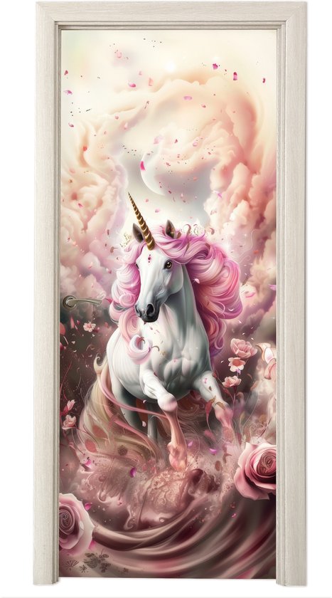 Sticker porte 85x205 cm - Sticker porte Licorne - Fille - Rose - Fleurs - Conte de fées - Film meuble autocollant - Film porte chambre ado - Film intérieur chambre enfant - Film adhésif porte - Sticker papier peint porte - Décoration chambre ado
