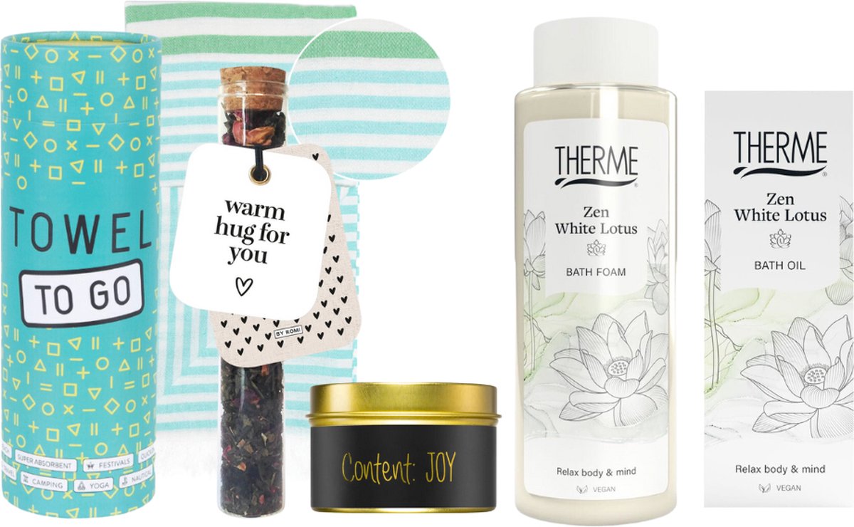 Goedkoopste Therme Cadeauset Bad Zen White Lotus Luxe Hamam Handdoek - Therme Bath Oil 100 ml Zen White Lotus - By Romi Wensbuisje thee Warm hug for you - Towel To Go Hamamdoek Turkoois Groen