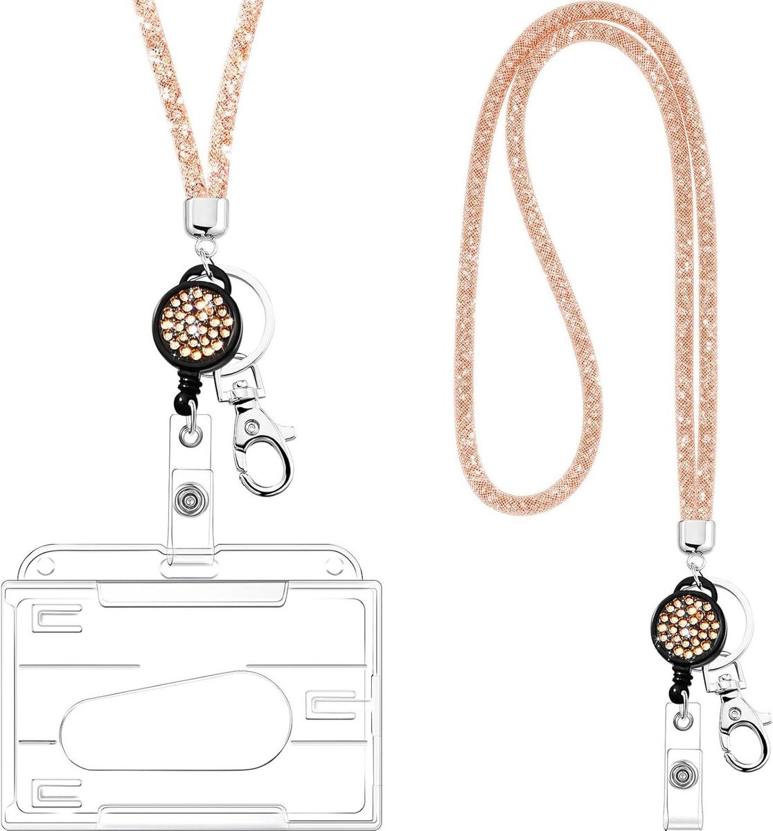 Transparante Crystal Rhinestone Lanyard ketting met ID-kaarthouder en sleutelhanger - champagne goud - luxe Badge Houders en nekriem voor sleutels ID Badge. .
