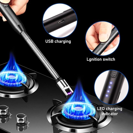 Lichtboog-aansteker, USB-oplaadbaar, elektrische aansteker, lang veiligheidsslot, draagbaar, winddicht, vlamloos, voor Yankee kaarsen, barbecue, fornuis, camping, open haard, 3 stuks