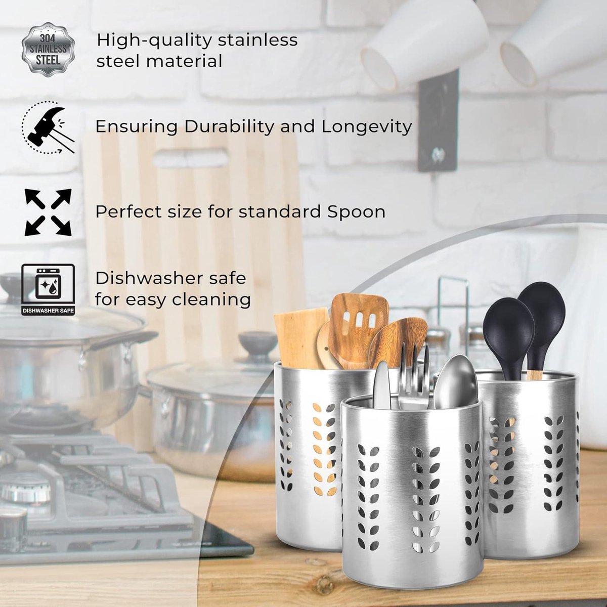 Nevolis 3 stuks roestvrij staal keuken bestek houder gebruiksvoorwerp organisator - bestek Caddy afdruiprek kookgerei & gadgets - houder keuken Caddy lepels & vorken organisator keuken accessoire (blad .