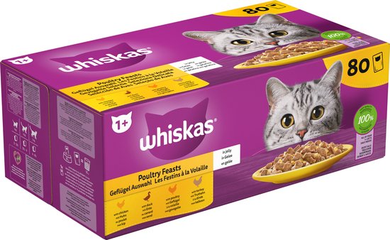 Whiskas Natvoer: 15x Echt Pure Kattenliefde 7 Whiskas 1+ Natvoer - Gevogelte - Selectie in gelei - maaltijdzakjes 80 x 85 g