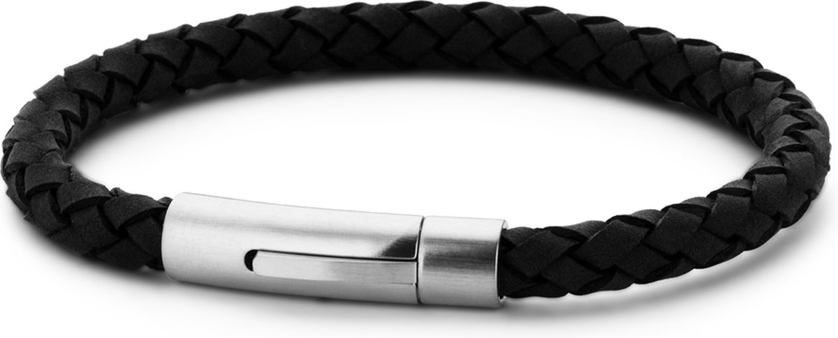 Frank 1967 7FB-0220 Stalen Heren Armband met Leer - Gevlochten - Lengte 21 cm - Zwart