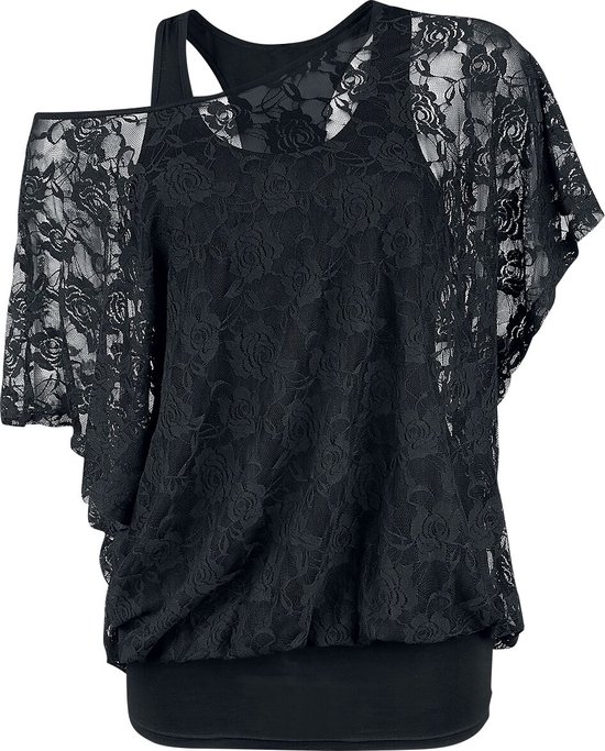 Gothicana Zwart dubbellaags kant t-shirt - Dames - 3XL