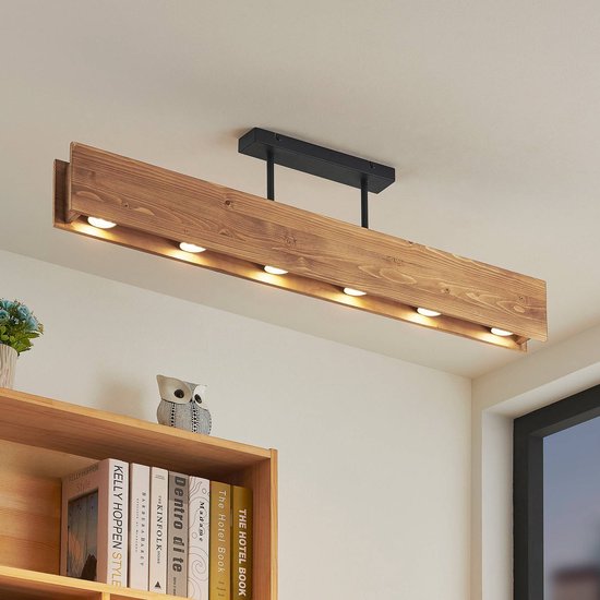 Lindby - plafondlamp hout - 6lichts - Dennenhout, ijzer - H: 25 cm - GU10 - donker hout, zwart