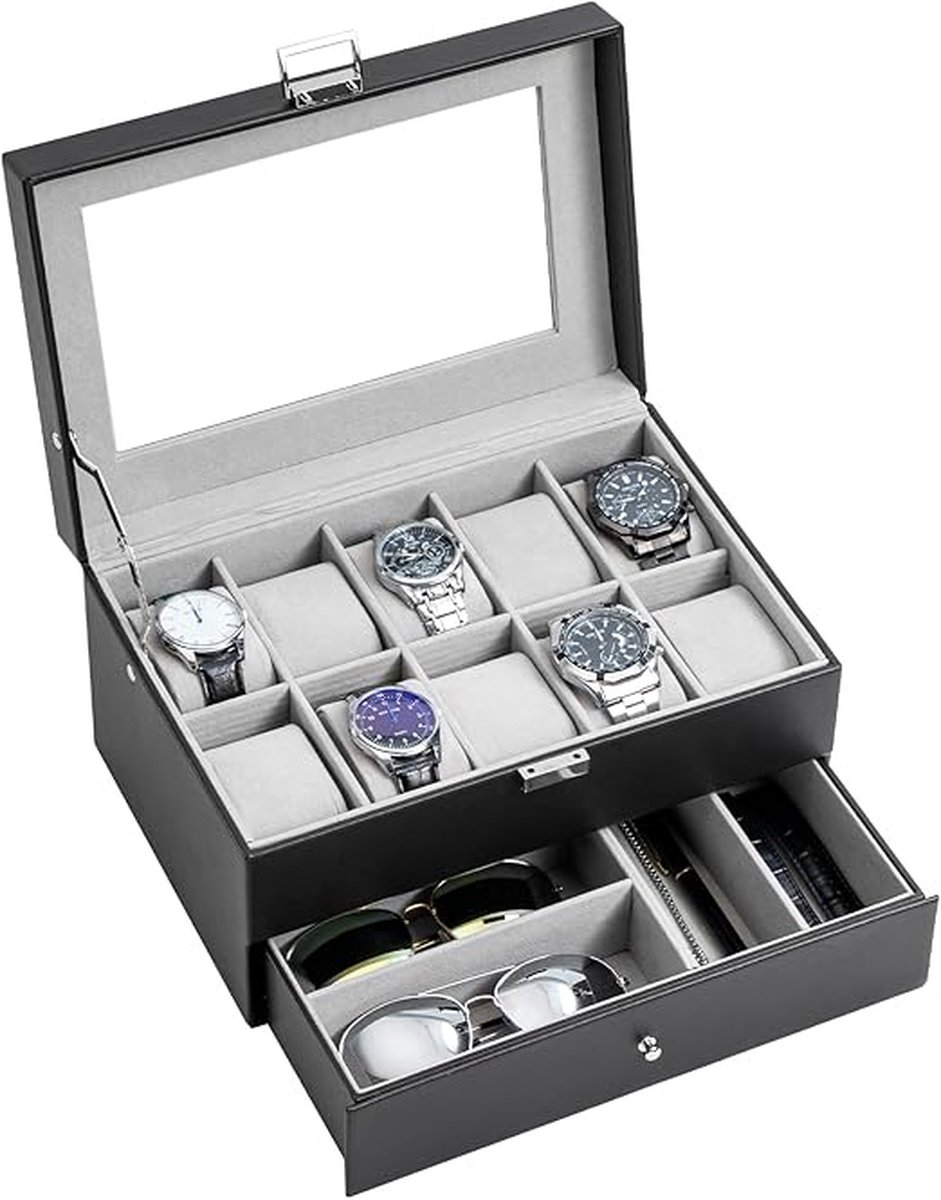 Horlogedoos met 2 lagen met glazen deksel, 10 vakken en 1 lade voor horloges, ringen, armbanden, zwart