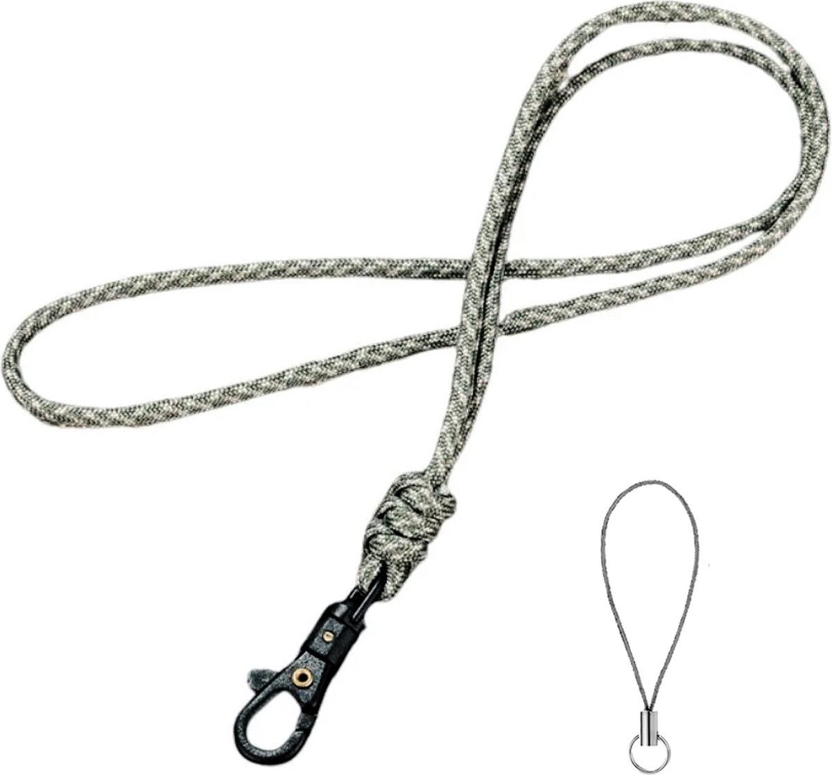 Travel Cords - keycord geknoopt donkergroen-zand - paracord - zwarte karabijnhaak - sleutels en telefoon - lanyard - met telefooncord - sleutelkoord