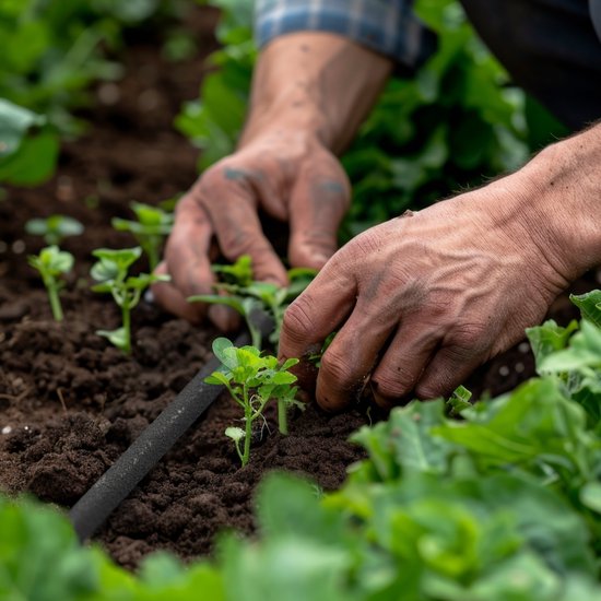 Vuile handen planten jonge plantjes in de aarde met druppelslang.
