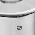 Close-up van het Zwilling-logo op een roestvrijstalen kookpot.