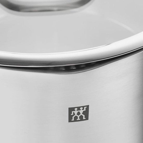 Close-up van het Zwilling-logo op een roestvrijstalen kookpot.