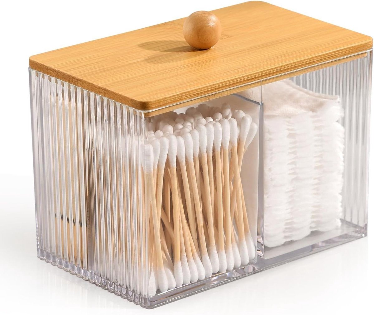 Goedkoopste Wattenstaafjeshouder met bamboedeksel - Transparante acryl wattenschijfdispenser - Wattenschijfjes opslag met 3 vakken - Tandenstokers opbergdoos - Badkamerorganizer