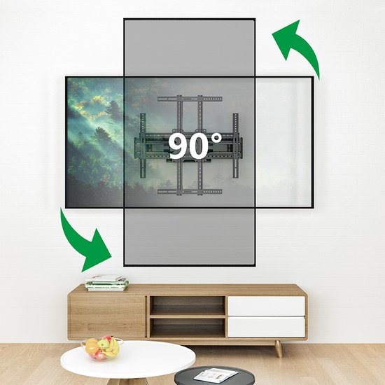 Support mural TV avec bras pivotant capable de faire pivoter une télévision de 90°, dans un salon.