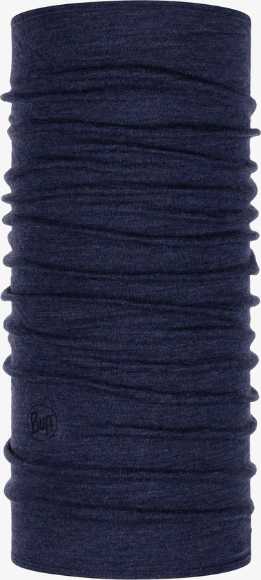 Donkerblauwe nekwarmer van merinowol met melange effect, geribbelde textuur.