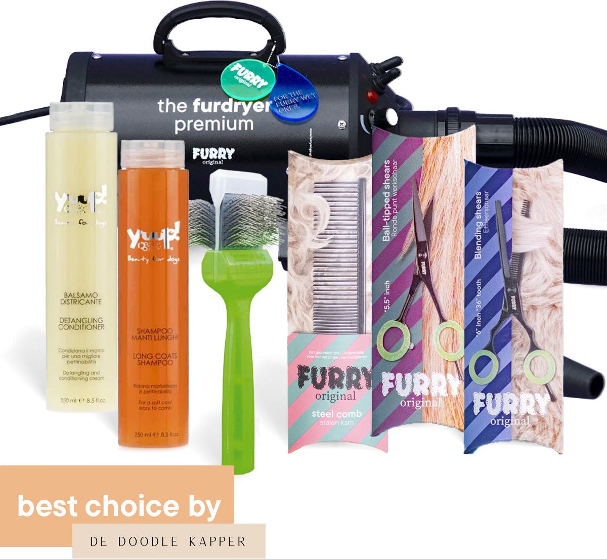 Furry Original® Verzorgingsset voor Doodle - Waterblazer & Hondenfohn met Geluidsdemper - Yuup! Honden Shampoo & Conditioner - Activet Borstel - Ogen & Potenschaar, Effileerschaar en Kam Hond