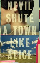 Boekomslag van 'Nevil Shute A Town Like Alice' met op de voorgrond de nek van een vrouw met parelketting, op de achtergrond een lucht en landschap.