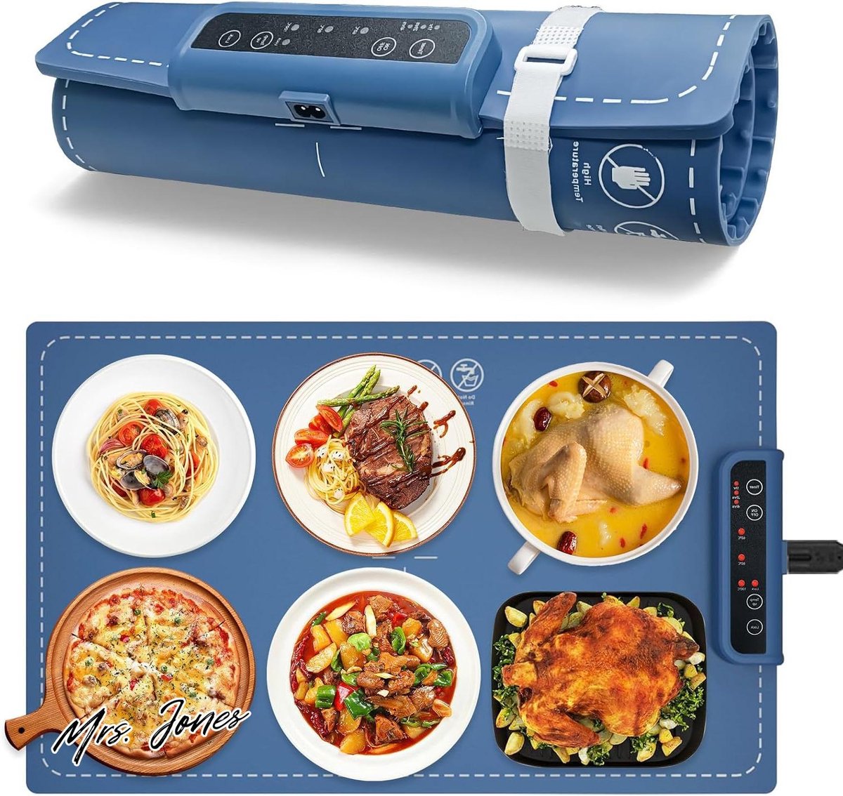 Mrs. Jones Elektrische warmhoudplaat voedselverwarmer opvouwbare siliconen warmhoudplaat 3 instelbare temperaturen timer buffetwarmer elektrisch party familie (blauw) .