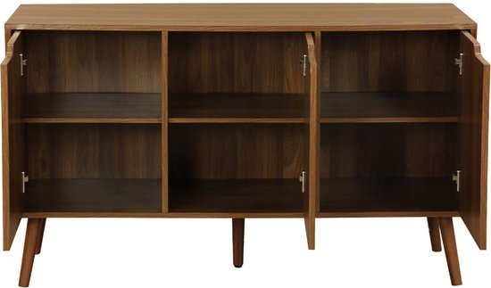 Open dressoir van houtdecor met drie compartimenten en drie open deuren, op slanke poten.