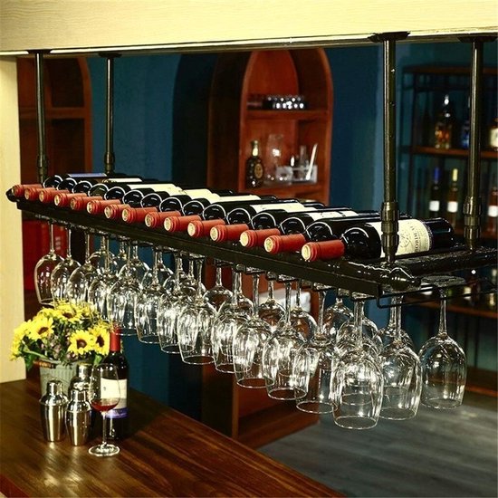 N / A Plafond wijnrek LINLINZ wijnrek opknoping wijnglas rekken glaswerk houder, verstelbare hoogte decoratie plank voor bars, restaurants, keukens, 2 kleuren (kleur: zwart