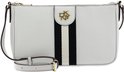 Offwhite schoudertas met verticale zwarte, witte en gouden strepen en DKNY logo.