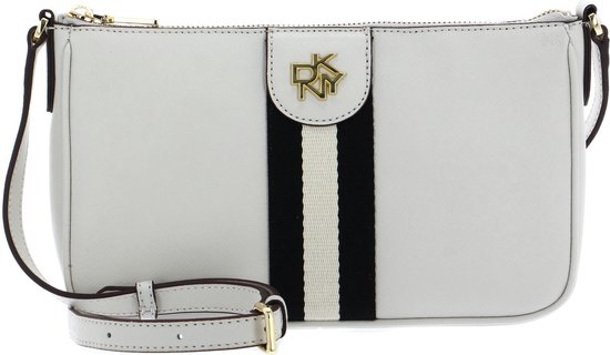 Offwhite schoudertas met verticale zwarte, witte en gouden strepen en DKNY logo.