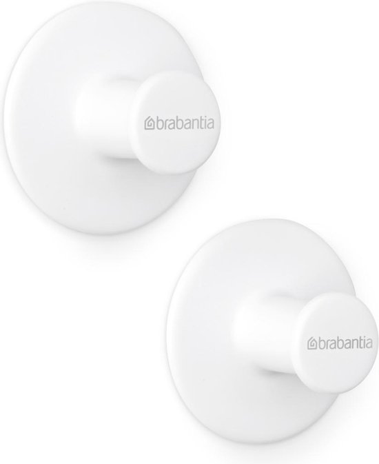 Deux patères rondes blanches à tige courte, portant le logo Brabantia.