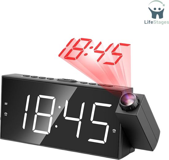 Ankilo Projectiewekker, 6,4 inch digitaal display en projectiescherpte-instelling, USB-poort, snooze, 12/24, DST, helderheidsinstelling voor slaapkamer, plafond, muur
