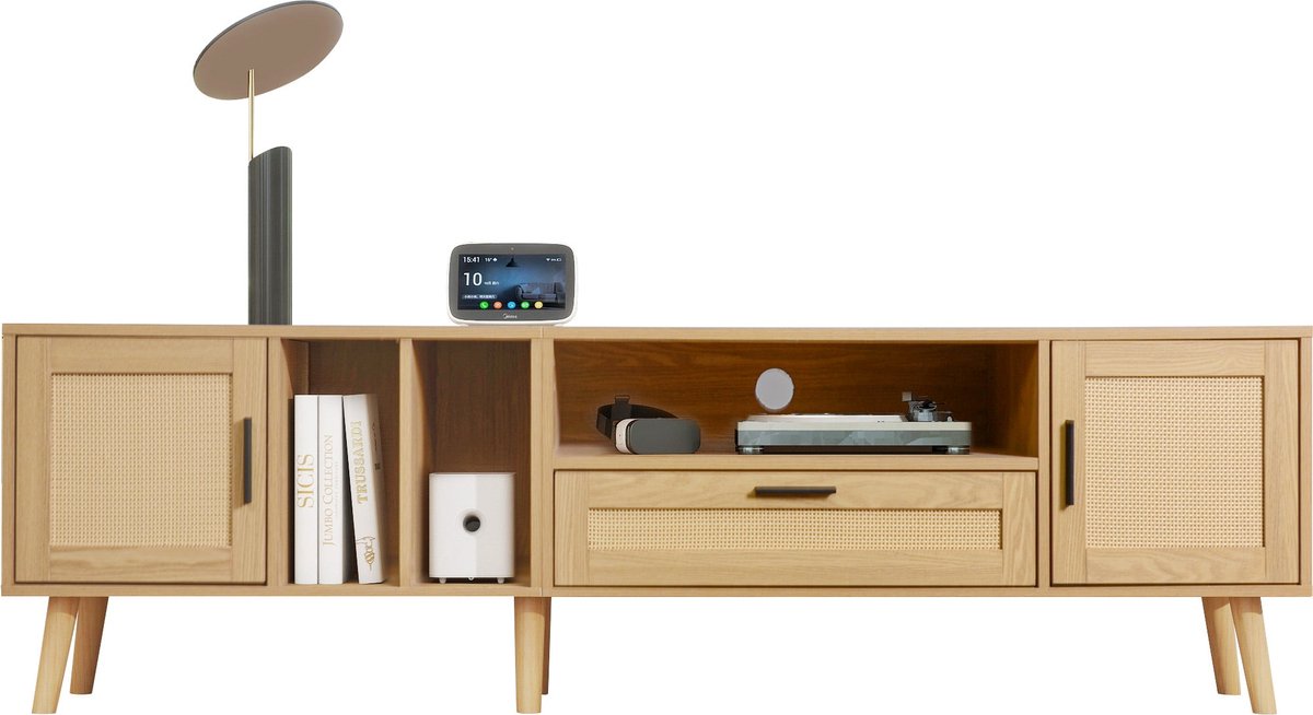 Merax TV Meubel 180 cm met Lade en Open Vak – Houten TV Kast met Rattan Deuren – Geschikt voor TV’s tot 80 inch