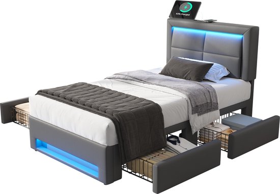 Witte Hoomdoc Gestoffeerd bed kinderbed 90x200 bed met LED-lichtbalk