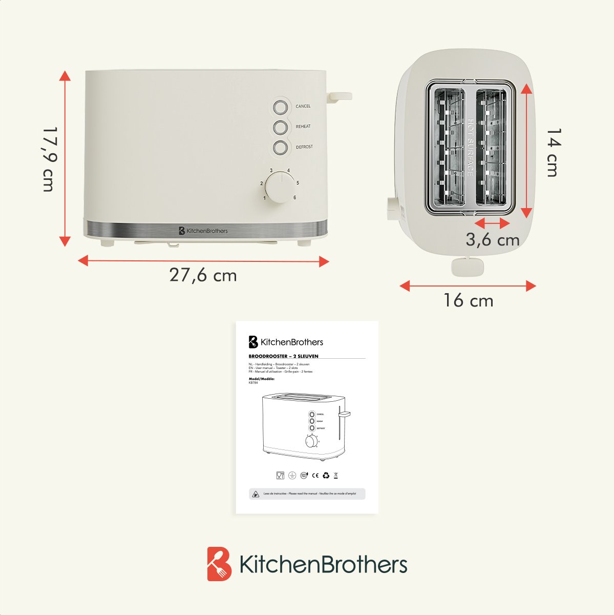 KitchenBrothers Broodrooster - Retro - Toaster - 6 Instelbare Warmteniveaus - 2 Extra Brede Sleuven - BPA-vrij - 870W - Beige thumbnail 7