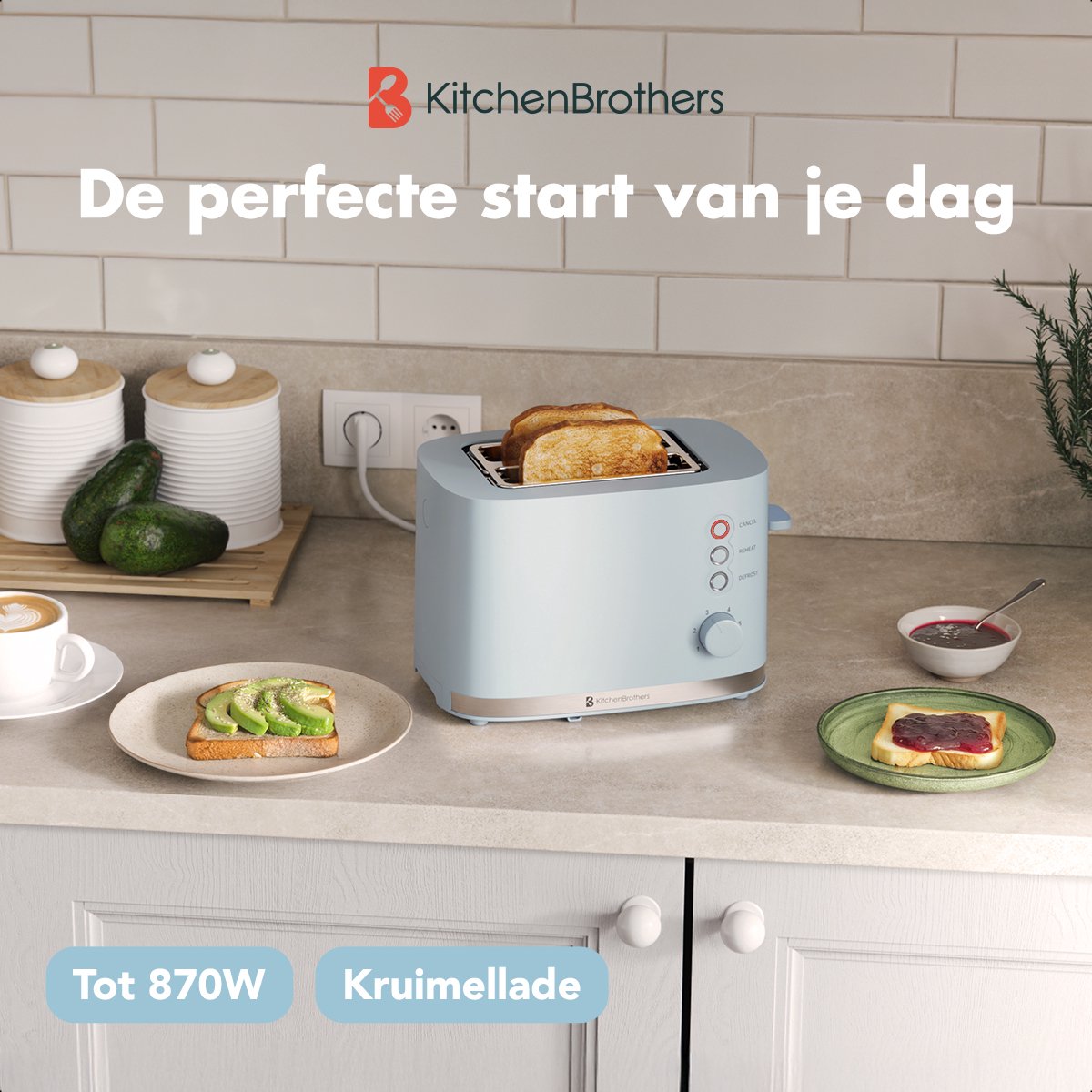 KitchenBrothers Broodrooster - Retro - Toaster - 6 Instelbare Warmteniveaus - 2 Extra Brede Sleuven - BPA-vrij - 870W - Pastel Blauw thumbnail 2