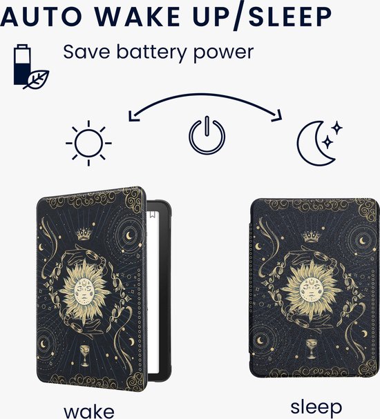 kwmobile e-reader hoesje geschikt voor Amazon Kindle Paperwhite (2024) / Colorsoft hoes - E reader flip case met magnetische sluiting - Ereader cover - Tarotkaart design in donkerblauw / geel / zwart — afbeelding 5