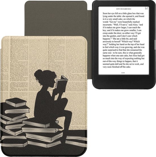 kwmobile e-reader hoesje geschikt voor Kobo Clara BW / Colour hoes - E reader flip case met magnetische sluiting - Ereader cover - Meisje met boeken design in zwart / beige van Merkloos — afbeelding 2