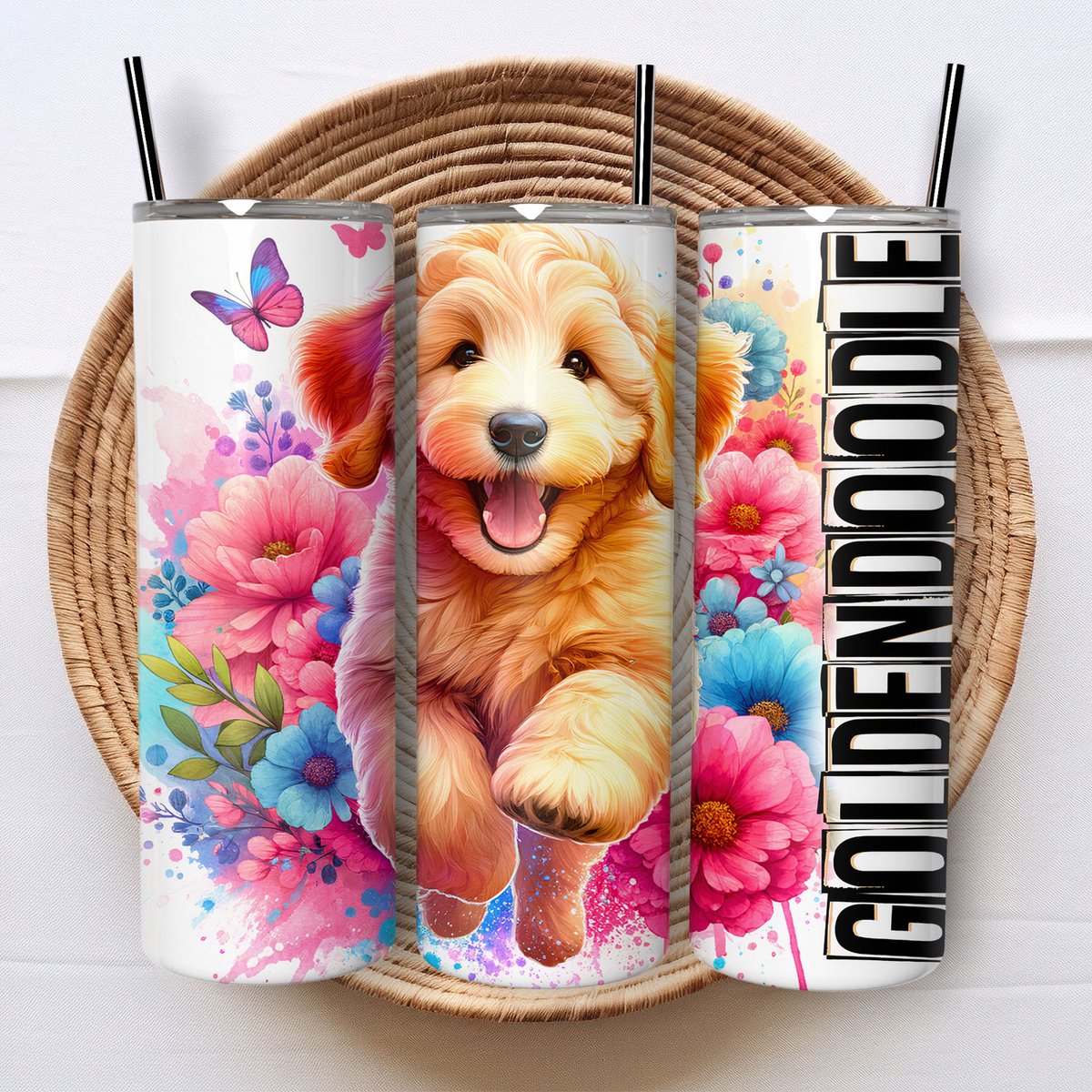 Creasowl® - Goldendoodle Tumbler cadeau honden beker met rietje - Geïsoleerde roestvrijstalen isoleerfles - Thermoskan - Thermosbeker - Thermosfles 600ml - Travel Mug - Thermos beker - Draagbare drinkfles - RVS - Lekvrije Koffiebeker to go