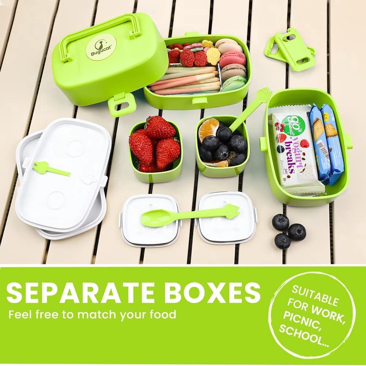 Broodtrommel voor kinderen met vakken, 1260 ml, 2-in-1 bentobox voor kinderen met 4 vakken, lekvrije lunchbox voor kleuterschool, broodtrommel, school, ontbijtbox voor magnetron, vaatwasser