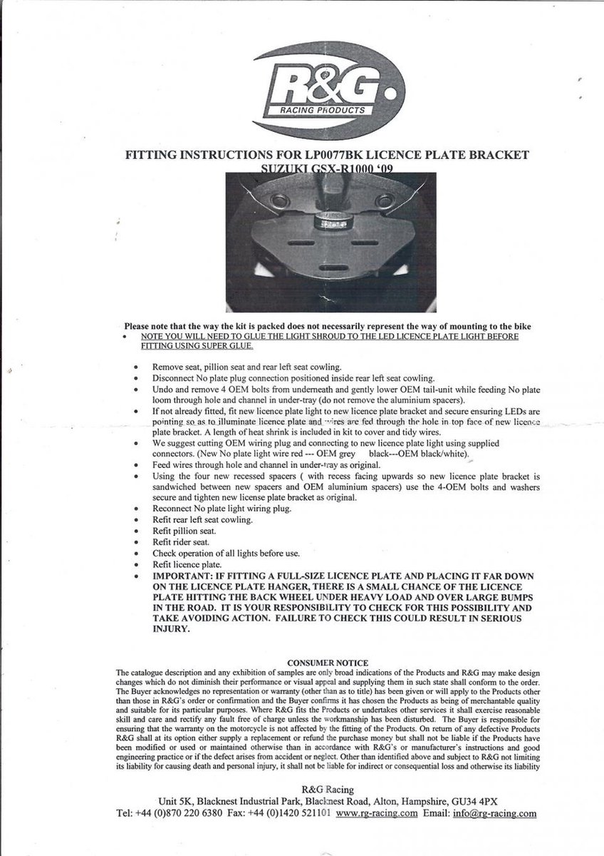 Support plaque immatriculation éclairage Led R&G pour moto Suzuki 1000 Gsx-R 2009 à 2012 LP0077BK Neuf