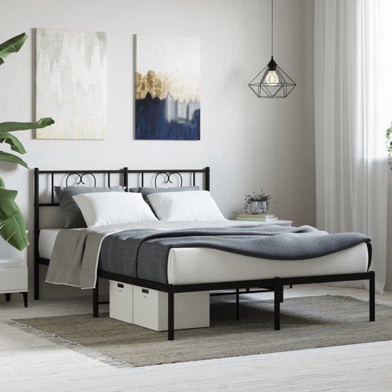 vidaXL Bedframe met hoofdbord metaal gerookt eikenkleurig 140x190 cm, tweepersoonsbed, bedden, ledikant, bed, bedombouw, metalen bedframe, logeerbed