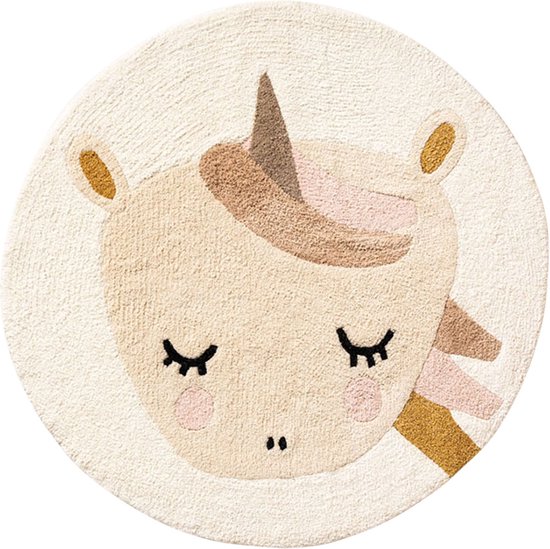 Petite Amélie Vloerkleed Kinderkamer Eenhorn ‘Lara’- Zacht Roze - 100% Katoen - Wasbaar - Creëer een Magische Sfeer voor je Kleintje - ⌀ 100 cm