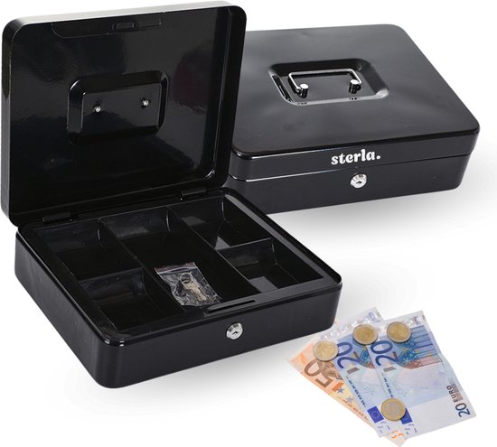 Geldkist – Geldkistje Metaal 30 x 24 x 9 cm – Robuuste Geldlade met Biljetten- en Muntenbak – Zwart