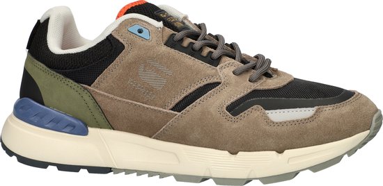 G-Star Holorn Runner sneaker, zijaanzicht met bruin suède, zwart mesh en blauwe hielsteun.
