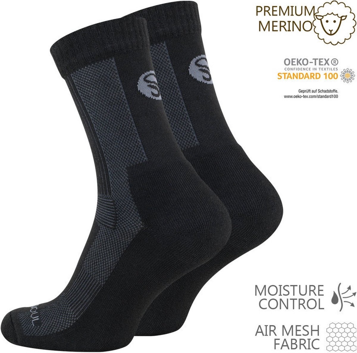 Stark Soul wandelsokken Merino wollen sokken 43 46 unisex 1 paar Zwart