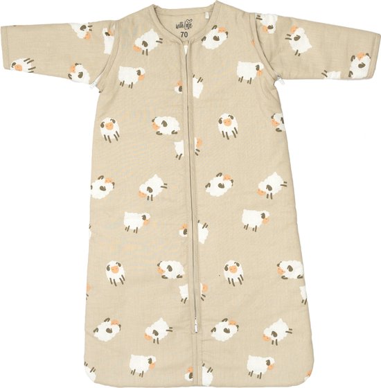 Beige slaapzak met lange mouwen en all-over schapenprint. Label 'with love 70' is zichtbaar.