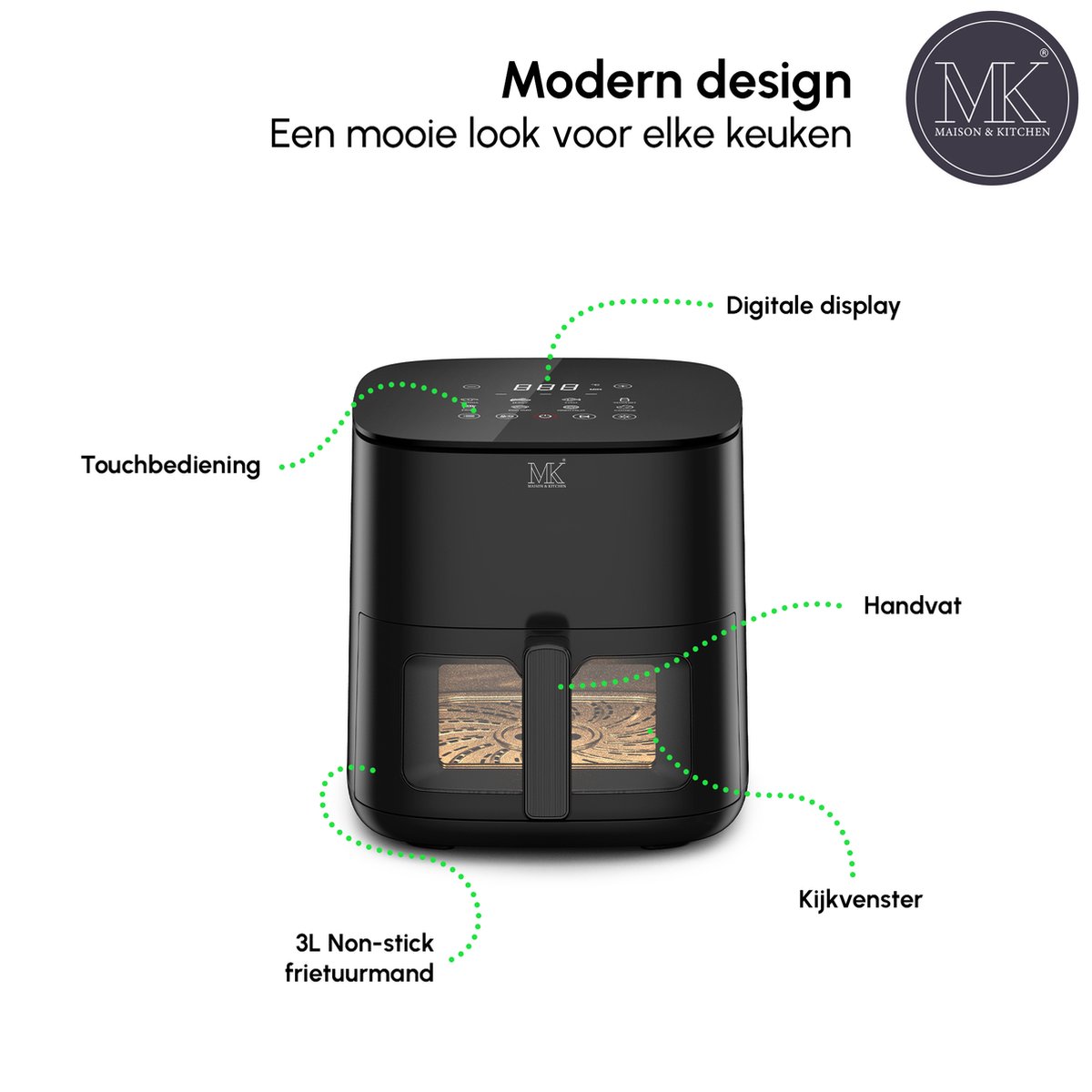 Afbeelding 2 van Maison & Kitchen Airfryer - Heteluchtfriteuse airfryers- PFAS-vrij - 1350W - 3L Inhoud - 80ºC tot 200ºC - Zwart