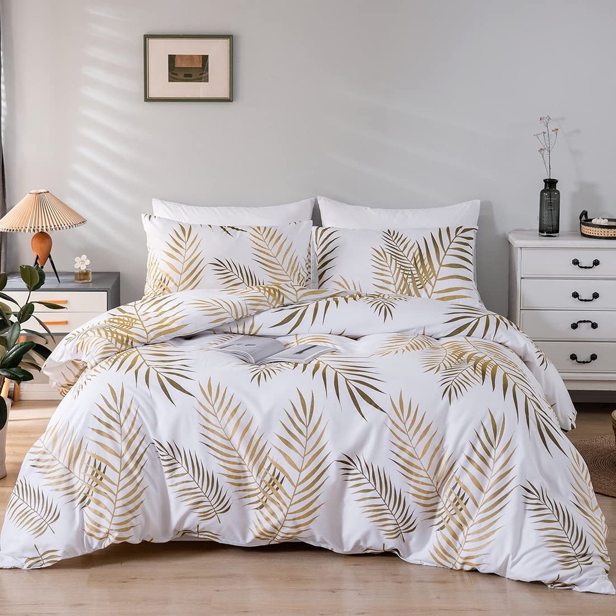 JGS ® Beddengoedset met Bladpatroon in Goud en Wit - Luxe Microvezel voor Comfort en Stijl