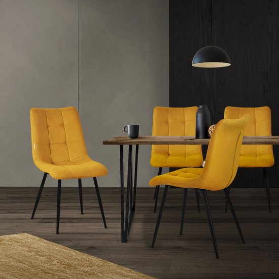 Chaises de salle à manger lot de 4 Chaise de cuisine jaune moutarde avec revêtement en polyester et pieds en acier design ML